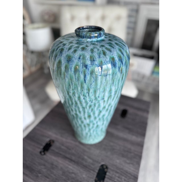 Modern Peacock Feather Coastal Blues & Greens Glazed Pottery Vase For Sale - Image 3 of 6