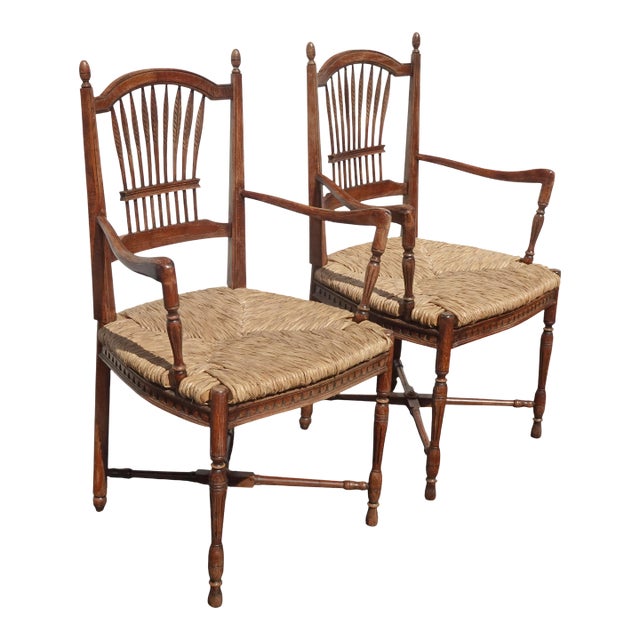 Pair of Vintage Rustic French Country Rush Seat Wheat Sheaf Arm Chairs ~ Dark #3 For Sale