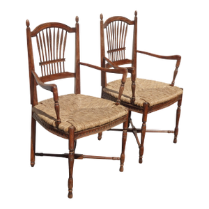 Pair of Vintage Rustic French Country Rush Seat Wheat Sheaf Arm Chairs ~ Dark #3