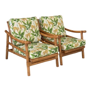 Vintage Coastal Tropical Rattan Newly Upholstered Outdoor Chairs-Pair For Sale