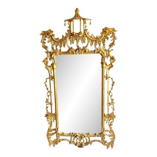 Vintage Italian Gold Gilt Pagoda Carved Wood Chinoiserie / Chinese Chippendale Wall Mirror For Sale