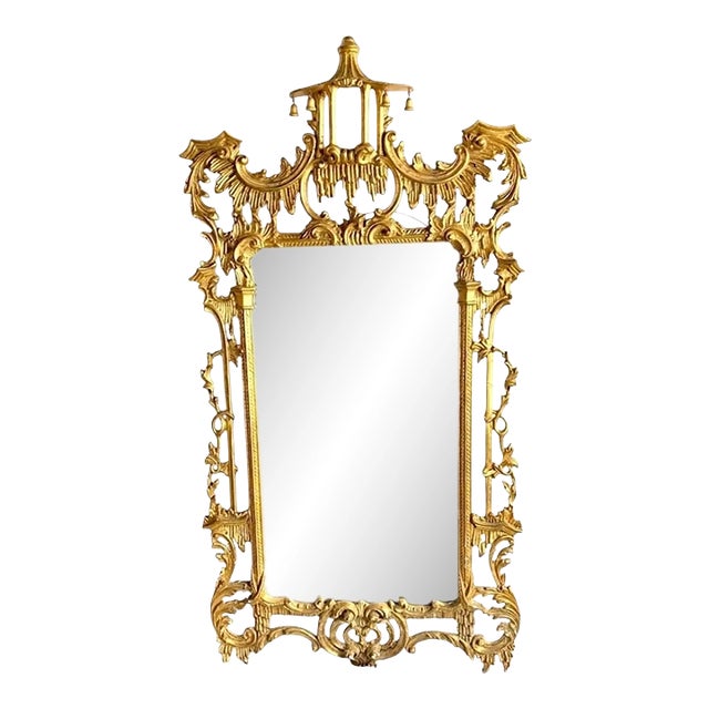 Vintage Italian Gold Gilt Pagoda Carved Wood Chinoiserie / Chinese Chippendale Wall Mirror For Sale
