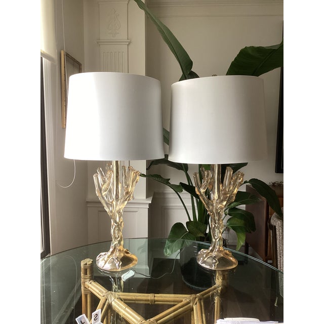 Plastic Late 20th Century Smoked Lucite Faux Bois Lamps With Silk Drum Shades - a Pair For Sale - Image 7 of 7