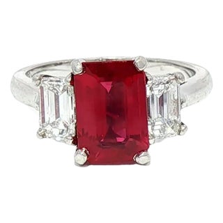 2.02 CTW Mid-Century Burmese Ruby & Diamond Platinum Three-Stone Ring, Size 6 For Sale