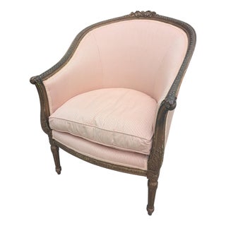 Late 19th Century Bergere Tub Chair With Light Pink Ticking Stripe Upholstery For Sale