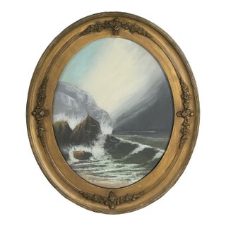 Antique Oval Romantic Stormy Seascape With Crashing Waves, Signed (Pastel on Paper) For Sale