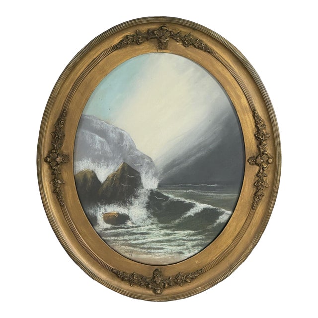Antique Oval Romantic Stormy Seascape With Crashing Waves, Signed (Pastel on Paper) For Sale