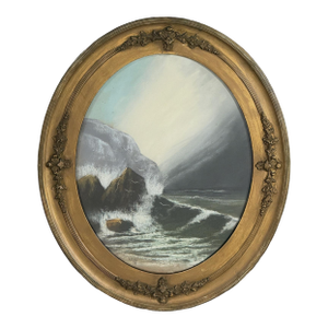 Antique Oval Romantic Stormy Seascape With Crashing Waves, Signed (Pastel on Paper)