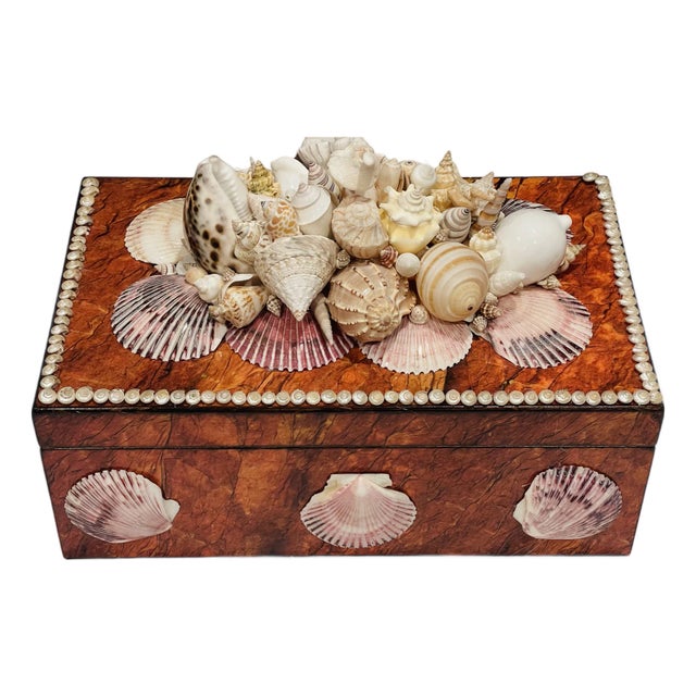 1970s Large Sea Shell Wood Box Humidor For Sale