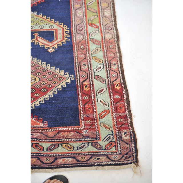 1940s Tribal Indigo, Teal, Plum & Pistachio Green Geometric Design Rug, 3.9 x 14.2 For Sale - Image 9 of 11