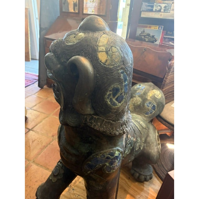 1950s 1950s Large 44 Inch High Asian Bronze Foo Dog Statue With Shell Stone Inlay For Sale - Image 5 of 10