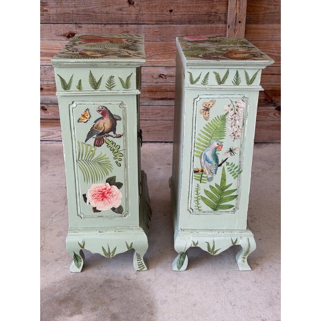 Vintage Hand-Painted Tropical Folk Art Cabinets With Botanical & Animal Motifs-Pair For Sale - Image 4 of 12