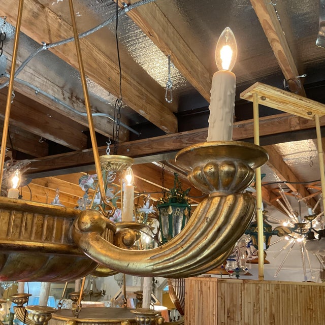 Mid-Century Modern Large 40" Custom Italian Carved Wood and Gold Leaf Chandelier Pair For Sale - Image 3 of 6
