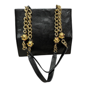 1980s Vintage Black Leather and Costume Jewelry Chain Italian Shoulder Bag
