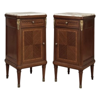 Pair of Antique French Louis XVI Marquetry Marble Top Nightstands ~ End Tables For Sale