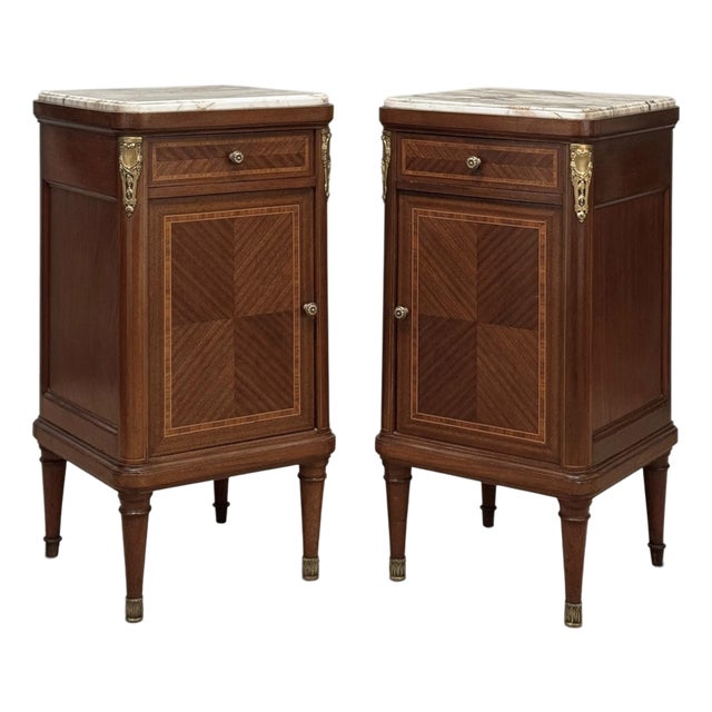 Pair of Antique French Louis XVI Marquetry Marble Top Nightstands ~ End Tables For Sale
