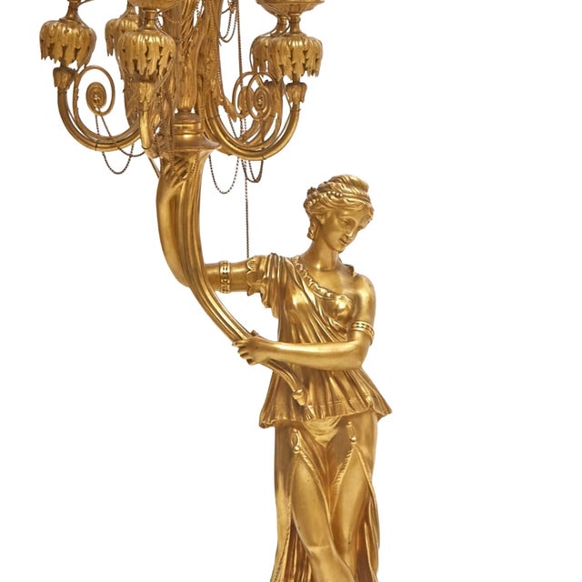 19th Century Impressive Pair 19th Century Gilded Bronze Ormolu Six-Light Figural Candelabra For Sale - Image 5 of 11