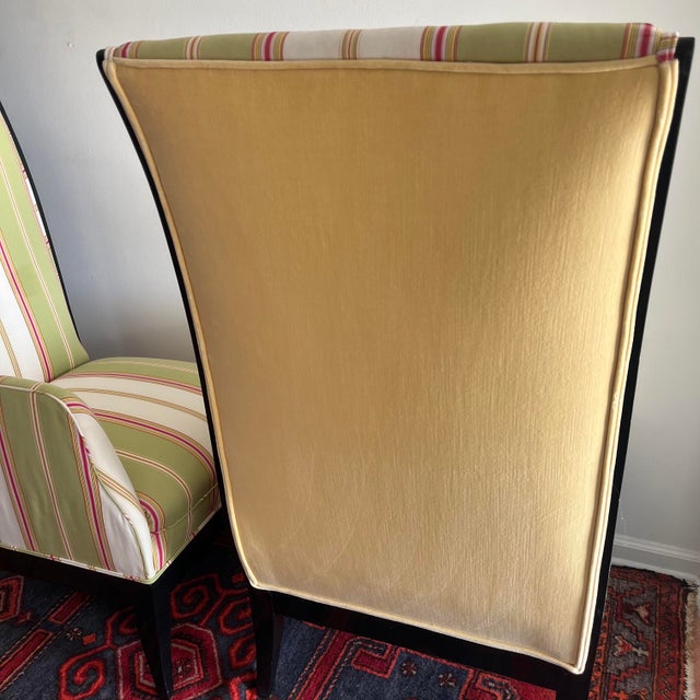 1980s High Back Chairs or Loveseat Upholstered Green & Pink - A Pair For Sale - Image 4 of 6