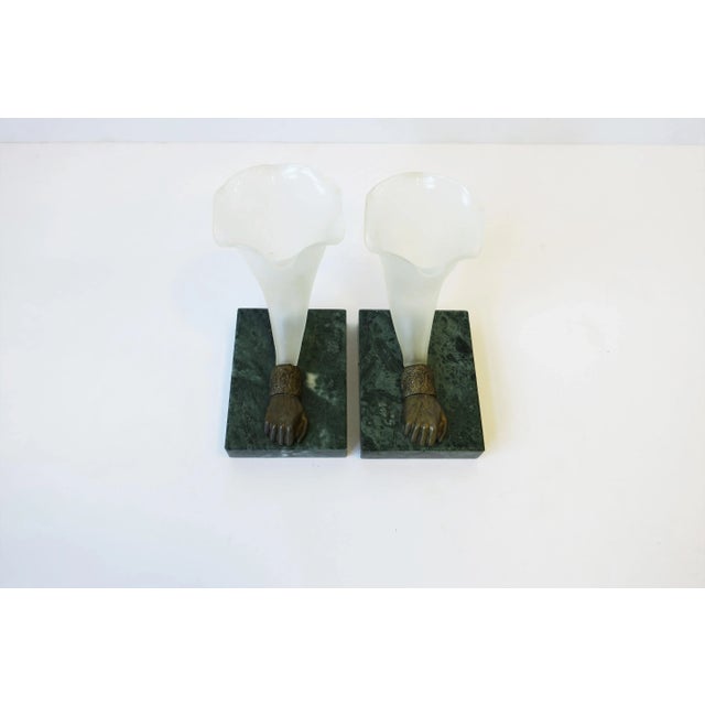 Mid 20th Century Bronze Art Glass & Green Marble Base Sculpture Vases - A Pair For Sale - Image 5 of 13