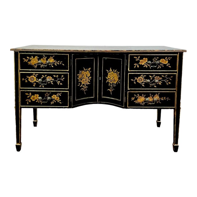 1940s Mid-Century Chinoiserie Black Lacquer Hand-Painted Floral Sideboard / Buffet Cabinet For Sale