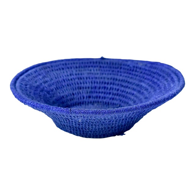 Early 20th Century Sisal Handwoven Blue Basket Eswatini 6inch For Sale