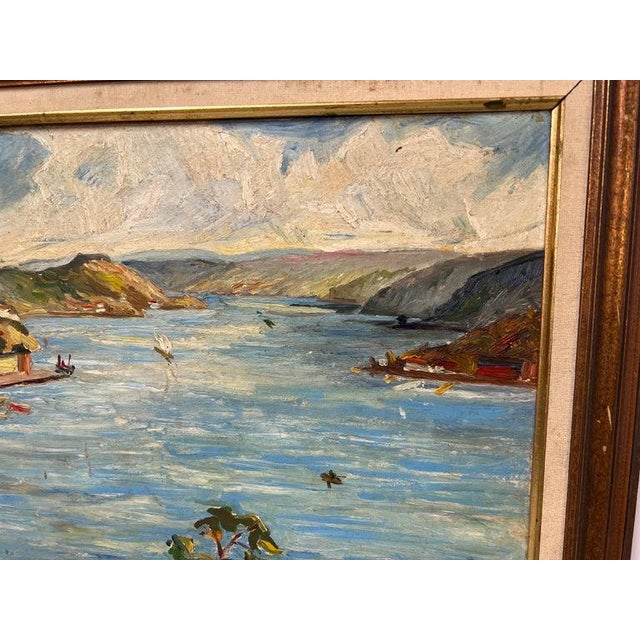 Sky Blue Heavy Impasto Oil on Board of Harbor Scene For Sale - Image 8 of 12