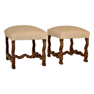 19th Century Pair of French Walnut Upholstered Stools With Mouton Legs For Sale