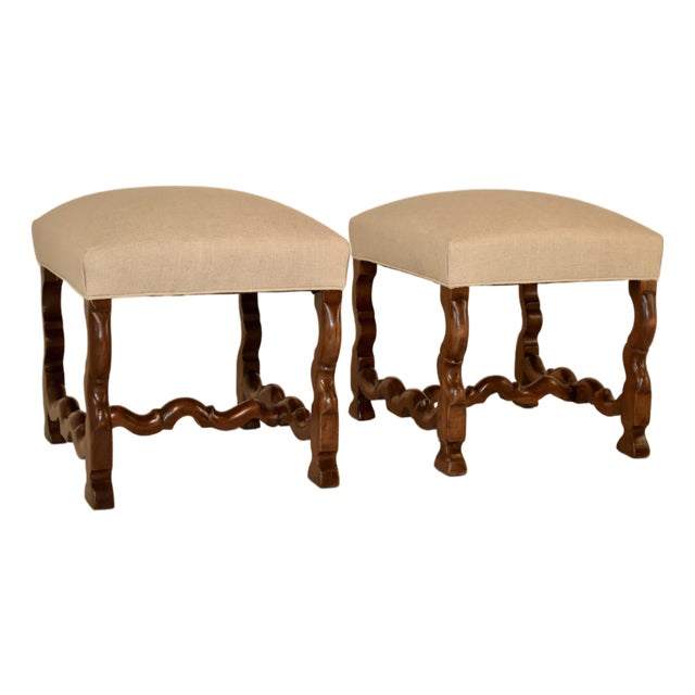 19th Century Pair of French Walnut Upholstered Stools With Mouton Legs For Sale