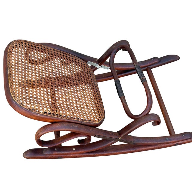 Wood Antique Vienna Secession Bent Oak & Caine Rocking Foot Stool W/ Braces Attributed to Thonet No.7001 For Sale - Image 7 of 7