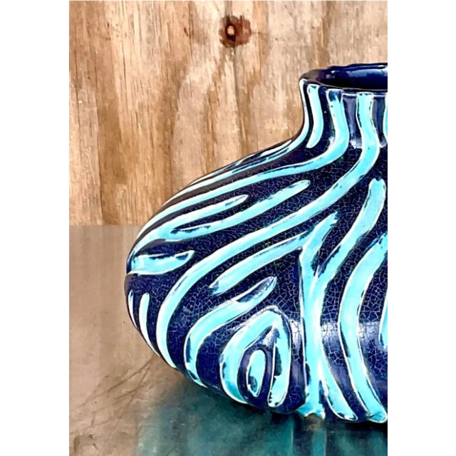 Navy Blue Vintage Boho Wiggles Pottery Vase For Sale - Image 8 of 12