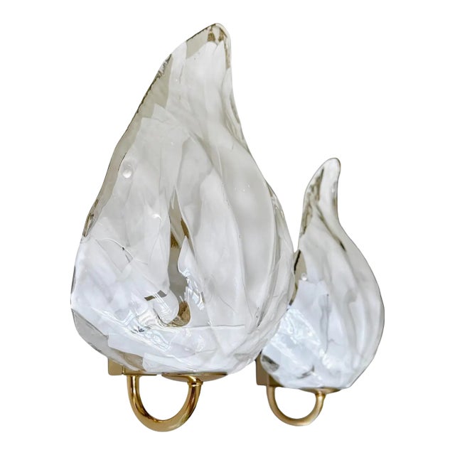 Pair Mazzega Murano White & Clear Glass Leaf Wall Sconces For Sale