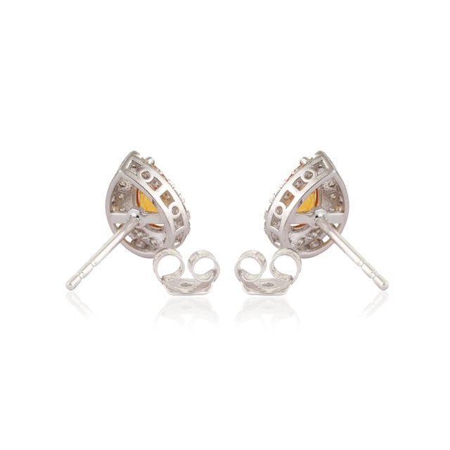 1 Ct Pear Cut Yellow Sapphire Stud Earrings With Diamonds in 14k Gold- A Pair For Sale - Image 9 of 13