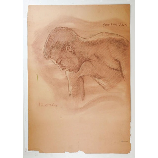 Mid-Century Modern Vintage 1950s Charles Normann Male Sepia Chalk Drawing For Sale - Image 3 of 3