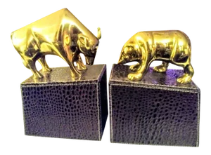 Vintage Brass Bull and Bear Brown Faux Snakeskin Bookends- a Pair