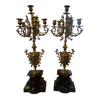 French Ormulo 6 Arm Candelabra Pair in Gold Brass With Marble Bases For Sale