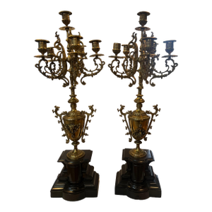 French Ormulo 6 Arm Candelabra Pair in Gold Brass With Marble Bases