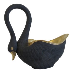 l'Objet (Portugal) Large Black Swan, Hand-Made Porcelain & Gilded 24k Gold Interior,-Accent Center Piece