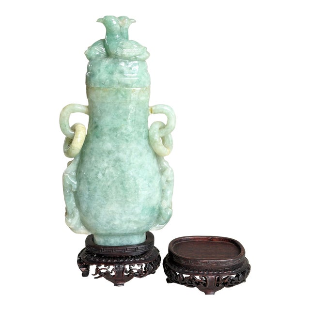 Antique Chinese Qing Dynasty Translucent Jade Lidded Pixiu Dragon Vase & Stand For Sale