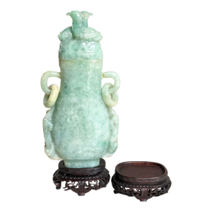 Antique Chinese Qing Dynasty Translucent Jade Lidded Pixiu Dragon Vase & Stand