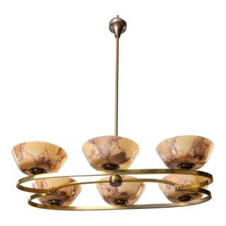 Italian Mid Century Brass and Glass Six Light Fixture For Sale