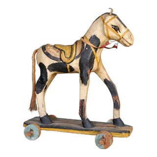 Circa 1900 American Folk Art Painted Wood & Papier-Mâché Pull Toy Horse For Sale