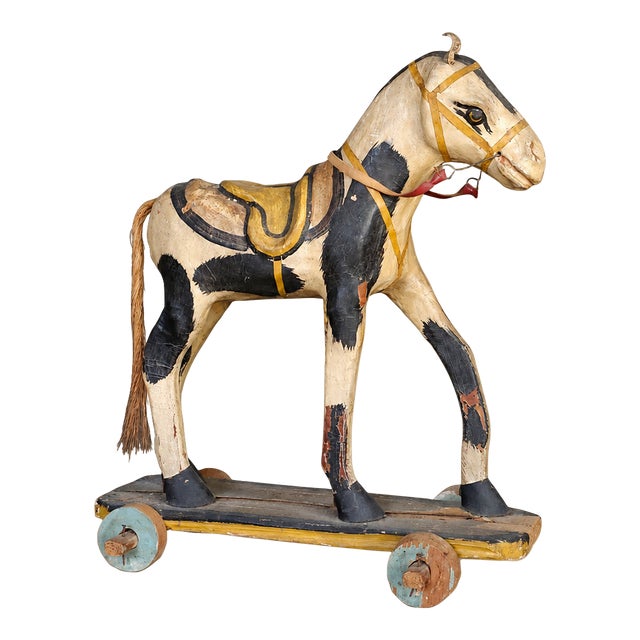 Circa 1900 American Folk Art Painted Wood & Papier-Mâché Pull Toy Horse For Sale