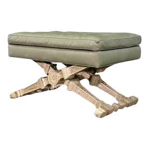 Carved Antique Creme Painted Finish Directoire Style Bench Stool