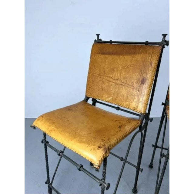 Metal Pair of European Modernist Iron & Rebar Frame Stools in Distressed Leather For Sale - Image 7 of 11