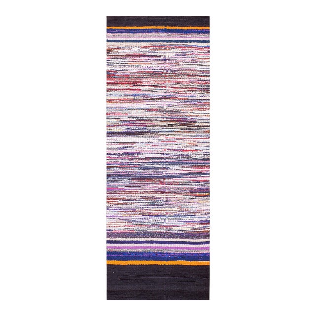 1940s Multicolor Stripe Antique American Rag Rug 2' 11" X 8' 4" Handmade Wool Carpet For Sale