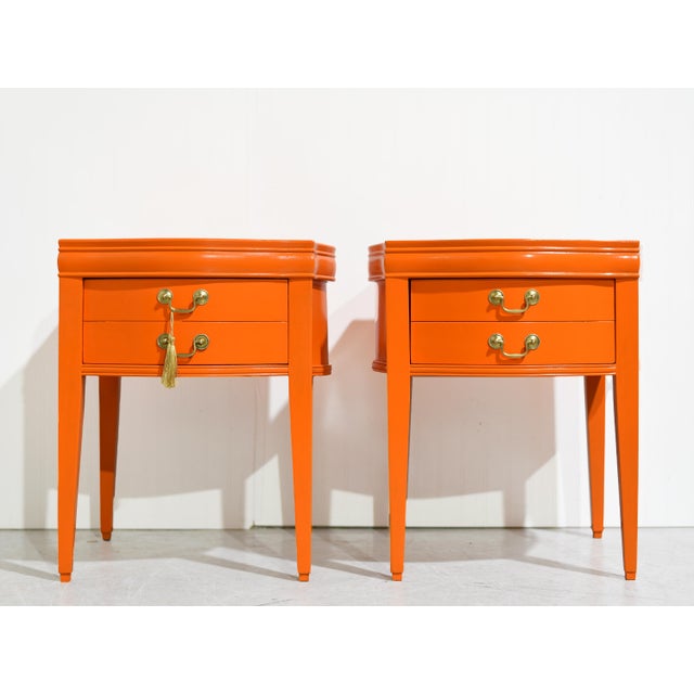 Mid Century Round Side Tables in Orange Newly Painted - A Pair For Sale - Image 4 of 12