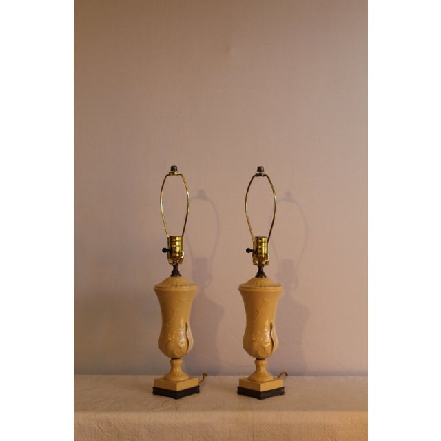 A beautiful pair of Lenox China Table lamps. Neoclassic in style. Simple and elegant. Soft creamy yellow. with bone china...