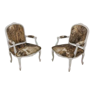 Pair French Louis XV Style Natural Hide Open Armchairs