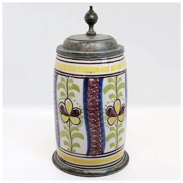 Traditional German Pewter Mounted Faience Pottery Tankard For Sale - Image 3 of 9