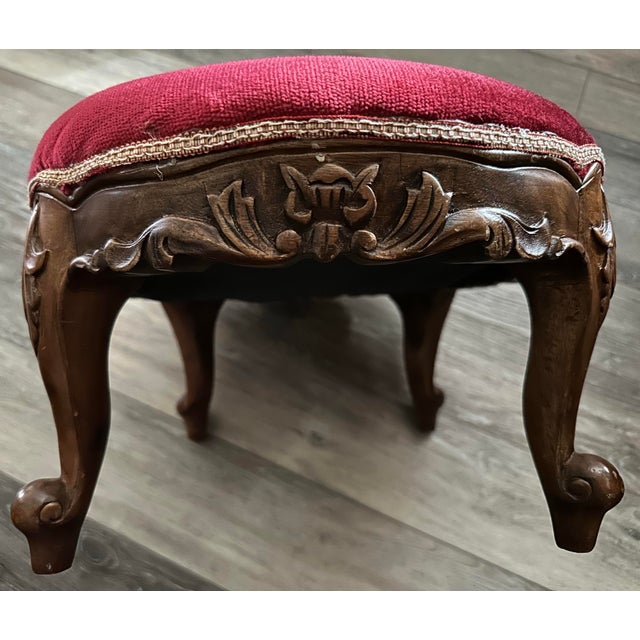 Vintage Mid 20th Century Louis XV Oval Shaped Wood and Red Velvet Upholstered Footstool For Sale - Image 11 of 11